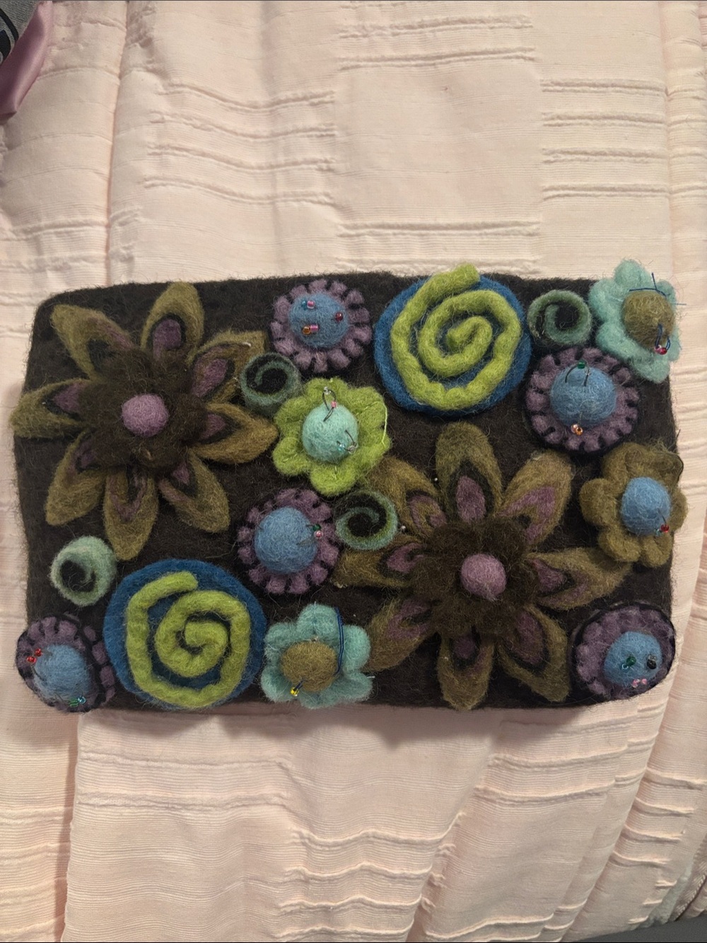 Rising Tide Felt Floral Pouch in Black, Green, Blue & Purple